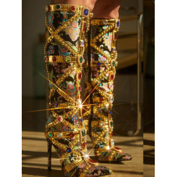 ZAFUL Women Women's Ethnic Style Shine Sparkly Colorful Rhinestones Decor Jacquard Pointed Toe High Heeled Knee High Boots