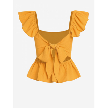 Women Blouses ZAFUL Tie Cut Out Back Peplum Hem Ruffled Top M Deep yellow