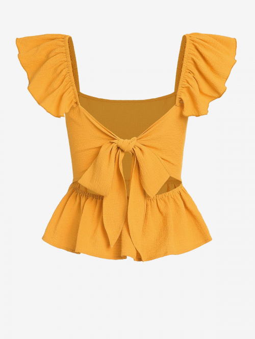 Women Blouses ZAFUL Tie Cut Out Back Peplum Hem Ruffled Top M Deep yellow