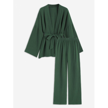 Women's Daily Home Co Ord Two Piece Set Solid Color Drop Shoulder Long Sleeve Wrap Top with High Waisted Wide Leg Pants Set S Green