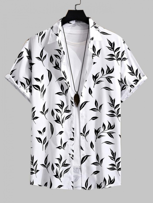 ZAFUL Men's Men's Beach Monochrome Leaf Print Button Up Short Sleeve Shirt L White