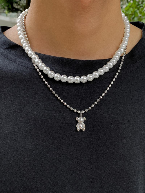 Hip Hop Style Faux Pearl Multi-layer Bear Pendant Necklace