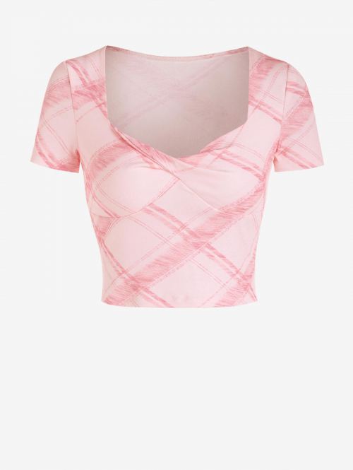 Fashion Women Tees Plaid Twisted V Neck Cropped Tee L Light pink