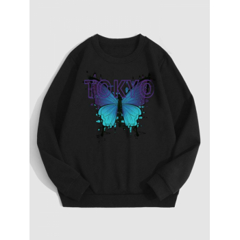 ZAFUL Men's Letter TOKYO Butterfly Graphic Thermal Fleece Lined Sweatshirt L Black