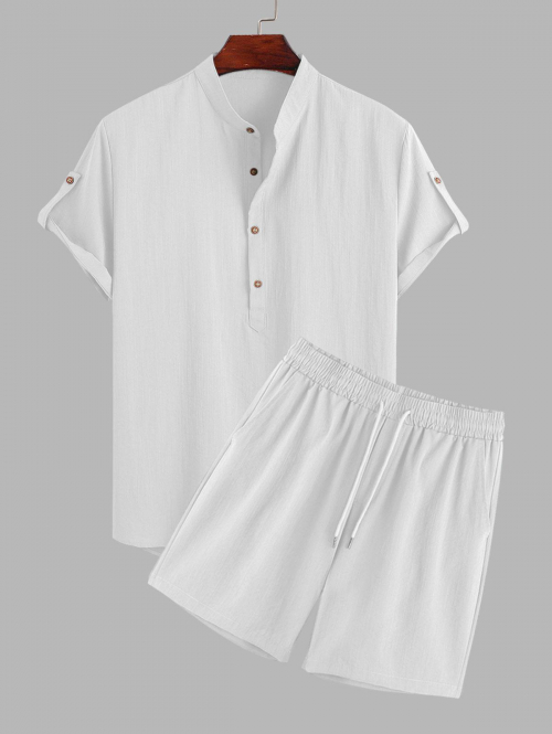 ZAFUL Men's Half Button Roll Up Sleeves Popover Shirt With Drawstring Shorts Two Piece Set L White