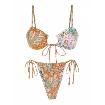 ZAFUL Women's Ethnic Style Paisley Print Spaghetti Strap Cinched Tie Side Cut Out Loincloth Tanga Bikini Set Two Piece Swimwear M Dark orange