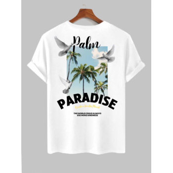 ZAFUL Men's Men's Coconut Tree Letter Peace Doves Pattern Summer Vacation Short Sleeves Crew Neck T-shirt L White