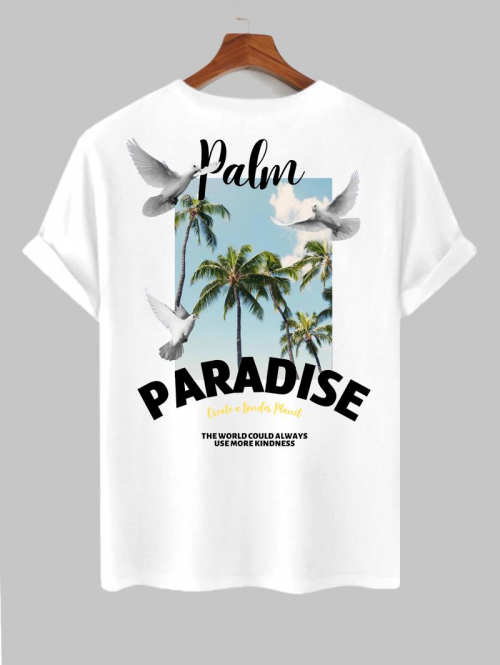 ZAFUL Men's Men's Coconut Tree Letter Peace Doves Pattern Summer Vacation Short Sleeves Crew Neck T-shirt L White