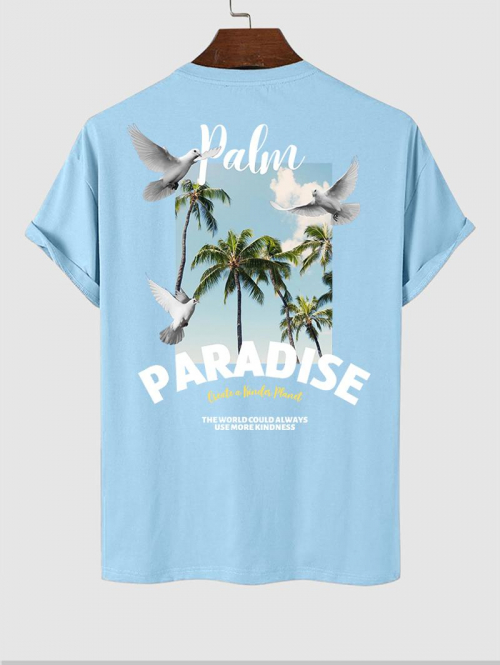 ZAFUL Men's Men's Coconut Tree Letter Peace Doves Pattern Summer Vacation Short Sleeves Crew Neck T-shirt S Light blue