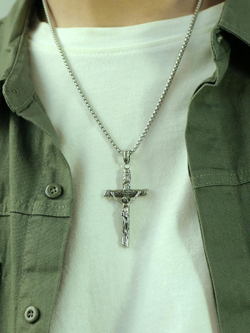 Retro Halloween Punk Gothic Style Metal Chain Cross Pendant Necklace for Men and Women