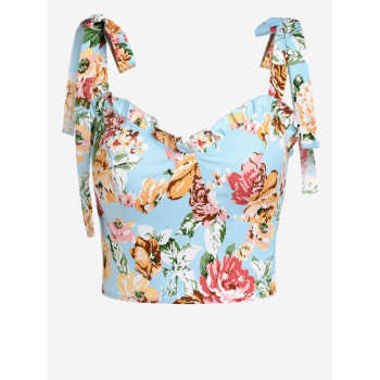 Women Tank Tops ZAFUL Floral Ruffle Tie Shoulder Crop Tank Top S Light blue