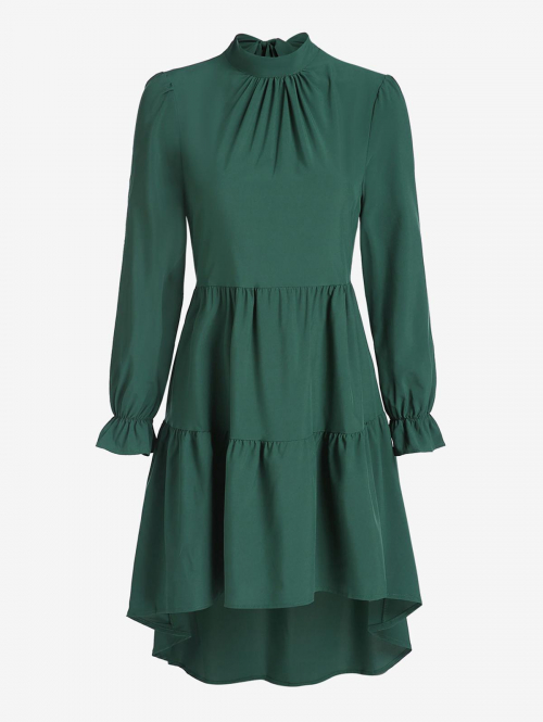 Mini Dress High Low Poet Sleeve Tiered Midi Dress M Deep green