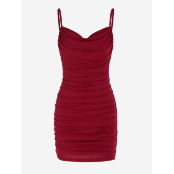 Bodycon Dress Ruched Side Backless Cami Slinky Mini Vegas Dress L Red