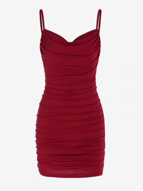 Bodycon Dress Ruched Side Backless Cami Slinky Mini Vegas Dress L Red