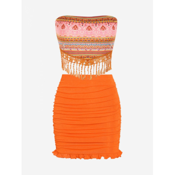 Women's Sexy Vacation Ethnic Print Tie Back Crochet Fringed Bandeau Top and Glitter Sparkle Flounce Ruched Mini Bodycon Skirt Set Dark orange