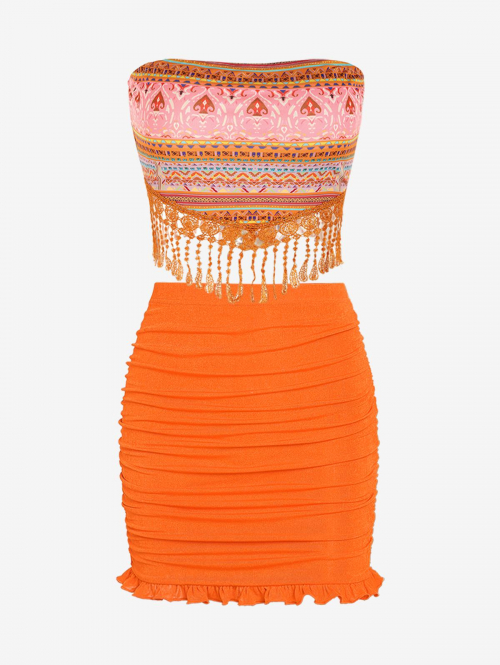 Women's Sexy Vacation Ethnic Print Tie Back Crochet Fringed Bandeau Top and Glitter Sparkle Flounce Ruched Mini Bodycon Skirt Set Dark orange