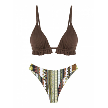 Mix and Match Ribbed Textured Ruffles Triangle String Ethnic Boho Printed Boho Cheeky Bikini Set Swimwear S Coffee