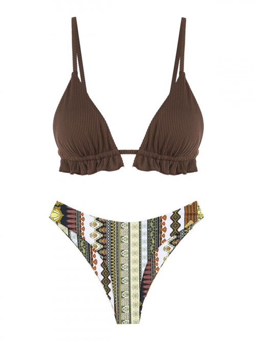 Mix and Match Ribbed Textured Ruffles Triangle String Ethnic Boho Printed Boho Cheeky Bikini Set Swimwear S Coffee