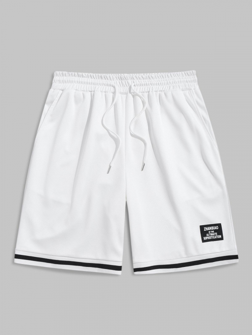 ZAFUL Striped Patched Design Drawstring Pocket Sports Shorts M White