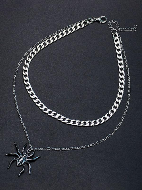 Retro Cool Punk Style Halloween Couple Double Layered Metal Chain Spider Pendant Necklace for Lovers Men and Women