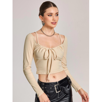 Fashion Women Tees ZAFUL Cropped Ribbed Cinched Tie Bustier Cupped Tee M Light yellow