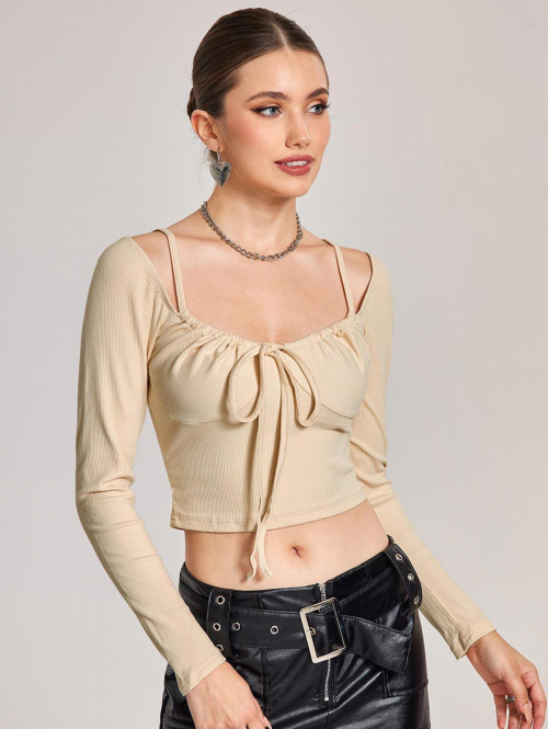 Fashion Women Tees ZAFUL Cropped Ribbed Cinched Tie Bustier Cupped Tee M Light yellow