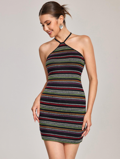 Mini Dress ZAFUL Open Back Halter Colorful Stripes Knit Slinky Mini Dress L Black