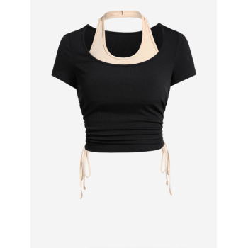 Fashion Women Tees ZAFUL Women's Sexy Ribbed Two Tone Colorblock Cinched Halter Twofer T Shirt M Black