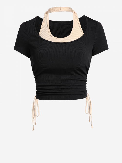 Fashion Women Tees ZAFUL Women's Sexy Ribbed Two Tone Colorblock Cinched Halter Twofer T Shirt M Black