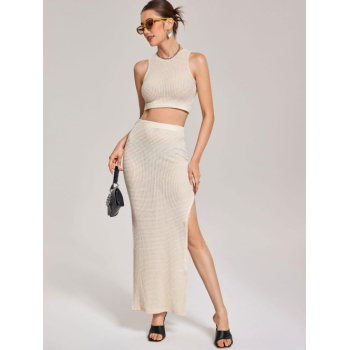 Textured Knitted Thigh Split Maxi Skirt Set M Light coffee