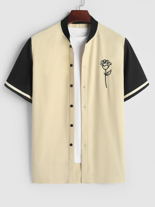 ZAFUL Men's ZAFUL Color Spliced Rose Embroidered Short Sleeves Baseball Shirt M Light coffee