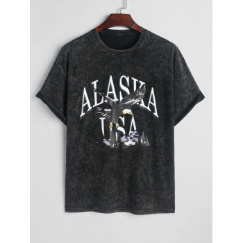 ZAFUL Men's Retro Washed Casual ALASAK USA Letter Eagle Graphic Drop Shoulder Short Sleeves 100% Cotton T Shirt M Black