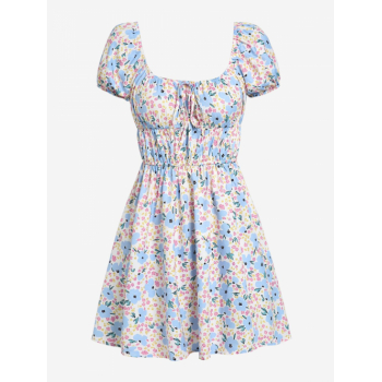 Mini Dress ZAFUL Floral Ditsy Print Puff Sleeve Ruched Tie Dress M Light blue