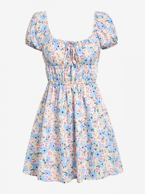 Mini Dress ZAFUL Floral Ditsy Print Puff Sleeve Ruched Tie Dress M Light blue