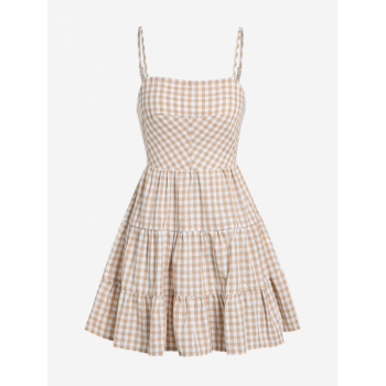 Casual ZAFUL Gingham Tiered Pep Hem Cutout Cami Sundress M Light coffee