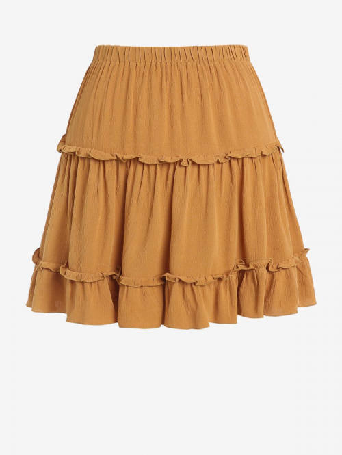 ZAFUL Solid Frilled Tiered Mini Skirt M Yellow