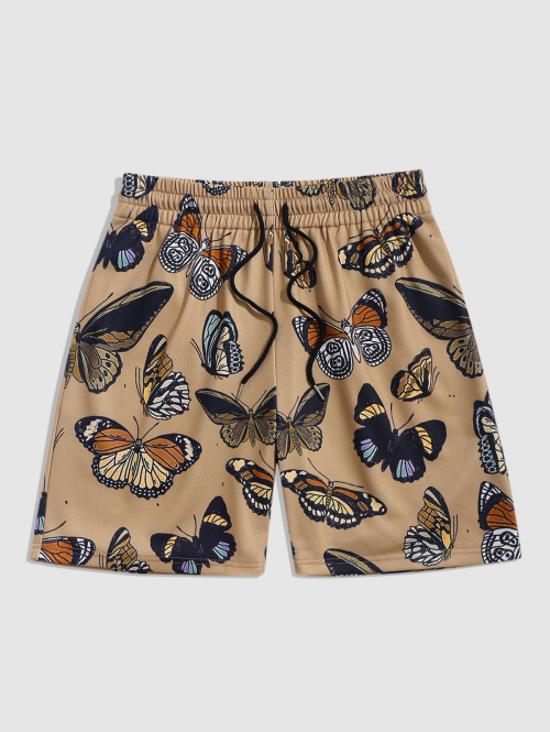 ZAFUL Casual Drawstring Butterfly Printed Sweat Shorts L Light coffee