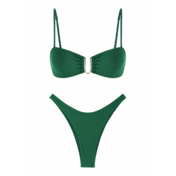 ZAFUL Women's Metal Decor U-wire Tied Back Textured Fabric High Cut Brazilian Cheeky Bikini Set Two Piece Swimwear L Deep green