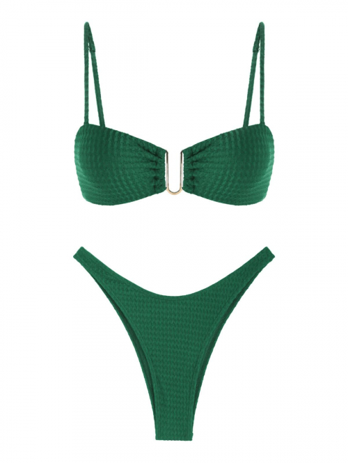 ZAFUL Women's Metal Decor U-wire Tied Back Textured Fabric High Cut Brazilian Cheeky Bikini Set Two Piece Swimwear M Deep green