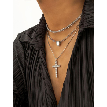 3Pcs Rhinestone Waterdrop Cross Pendant Layered Necklaces