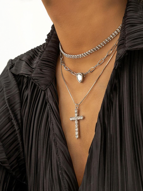 3Pcs Rhinestone Waterdrop Cross Pendant Layered Necklaces