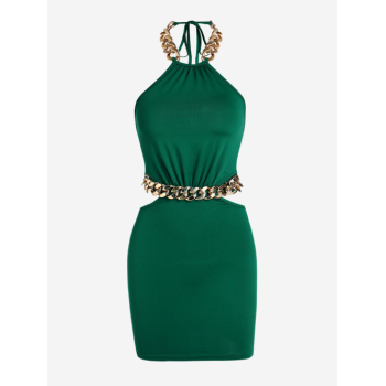 Mini Dress ZAFUL Halter Chunky Metal Chains Cut Out Open Back Slinky Mini Dress M Deep green