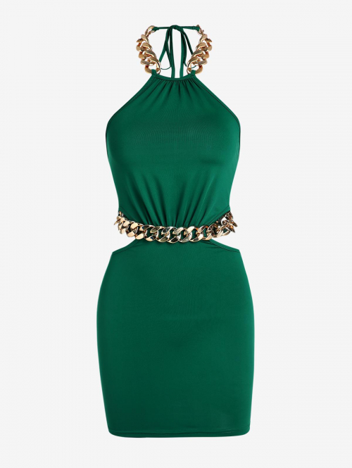 Mini Dress ZAFUL Halter Chunky Metal Chains Cut Out Open Back Slinky Mini Dress M Deep green