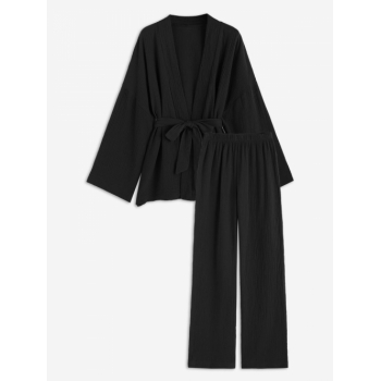 Women's Daily Home Co Ord Two Piece Set Solid Color Drop Shoulder Long Sleeve Wrap Top with High Waisted Wide Leg Pants Set L Black