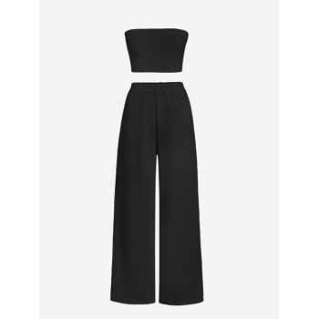 Solid Color Textured Tube Crop Top and Pockets Pants Set L Black