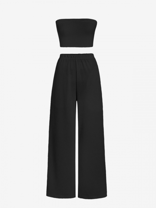 Solid Color Textured Tube Crop Top and Pockets Pants Set L Black