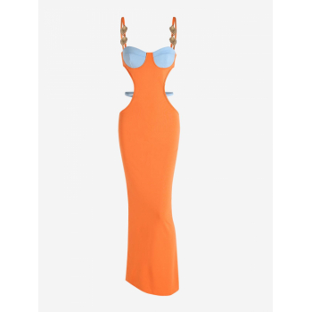 Maxi Women's Sexy Elegant Night Out Contrast Bustier Cupped Design Backless Cut Out Waist Thigh High Slit Spaghetti Strap Cami Maxi Dress L Orange