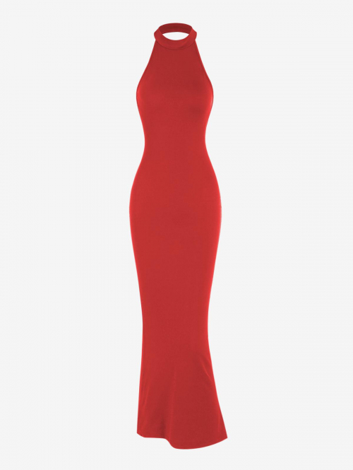 Maxi Solid Color Halter Backless Sexy Bodycon Vegas Dress L Red