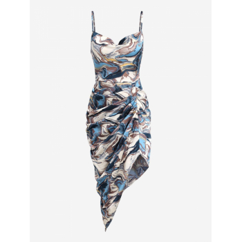 Mini Dress ZAFUL Abstract Print Ruched Draped Cowl Front Midi Dress S Blue