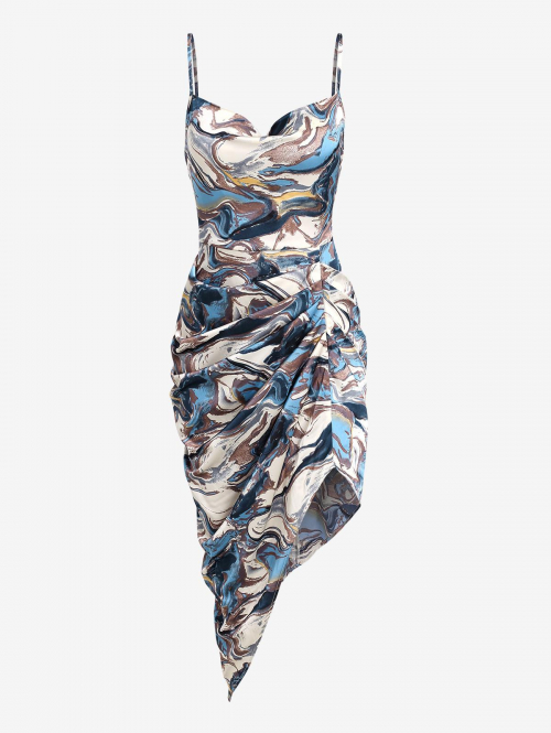 Mini Dress ZAFUL Abstract Print Ruched Draped Cowl Front Midi Dress S Blue